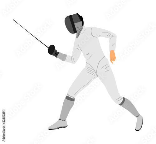 Fencing player portrait vector illustration isolated on white background. Fencing competition event. Sword fighting. Swordplay black shadow. Quick move game. Athlete man art figure.