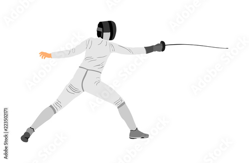Fencing player portrait vector illustration isolated on white background. Fencing competition event. Sword fighting. Swordplay black shadow. Quick move game. Athlete man art figure. © dovla982