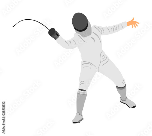 Fencing player portrait vector illustration isolated on white background. Fencing competition event. Sword fighting. Swordplay black shadow. Quick move game. Athlete man art figure.