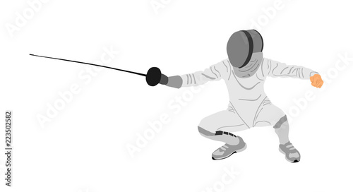 Fencing player portrait vector illustration isolated on white background. Fencing competition event. Sword fighting. Swordplay black shadow. Quick move game. Athlete man art figure.