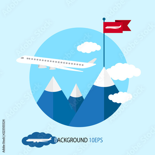 Vector victory concept in flat style. Abstract mountain peaks with red flag. Testing, testing of a new model of passenger aircraft. The concept of achieving a goal, winning, task completion, success