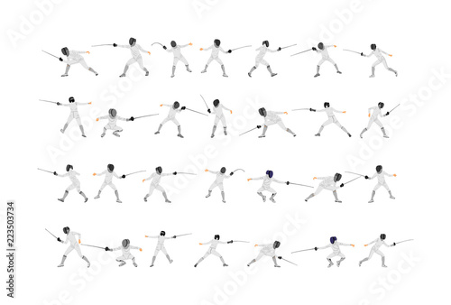 Fencing players vector illustration isolated on background. Fencing duel competition. Sword fighting. Swordplay duel. Quick move game. Athlete man figure. Sportsman in battle. Olympic game discipline.