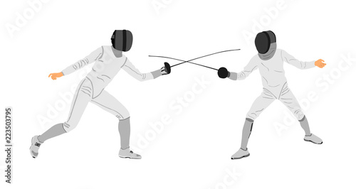Fencing players vector illustration isolated on background. Fencing duel competition. Sword fighting. Swordplay duel. Quick move game. Athlete man figure. Sportsman in battle. Olympic game discipline.