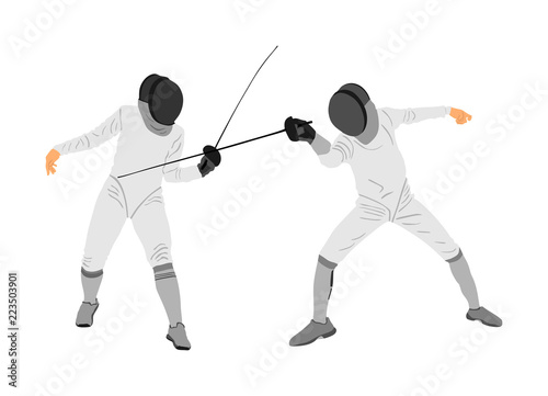 Fencing players vector illustration isolated on background. Fencing duel competition. Sword fighting. Swordplay duel. Quick move game. Athlete man figure. Sportsman in battle. Olympic game discipline.
