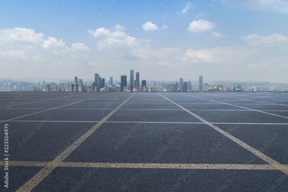 Road pavement and Chongqing urban architecture skyline