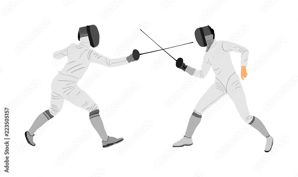 Fencing players vector illustration isolated on background. Fencing duel competition. Sword fighting. Swordplay duel. Quick move game. Athlete man figure. Sportsman in battle. Olympic game discipline. Fencing players vector illustration isolated on background. Fencing duel competition. Sword fighting. Swordplay duel. Quick move game. Athlete man figure. Sportsman in battle. Olympic game discipline.