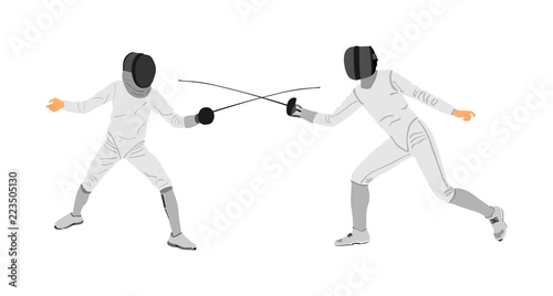 Fencing players vector illustration isolated on background. Fencing duel competition. Sword fighting. Swordplay duel. Quick move game. Athlete man figure. Sportsman in battle. Olympic game discipline.