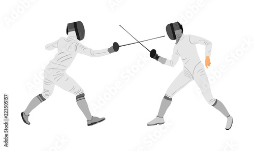 Fencing players vector illustration isolated on background. Fencing duel competition. Sword fighting. Swordplay duel. Quick move game. Athlete man figure. Sportsman in battle. Olympic game discipline.