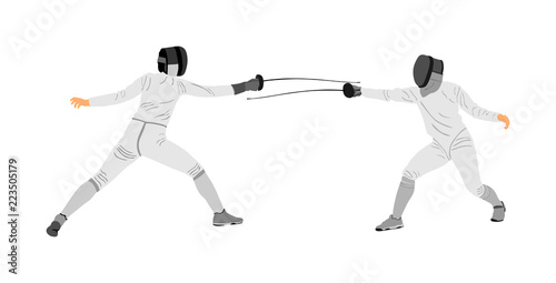Fencing players vector illustration isolated on background. Fencing duel competition. Sword fighting. Swordplay duel. Quick move game. Athlete man figure. Sportsman in battle. Olympic game discipline.