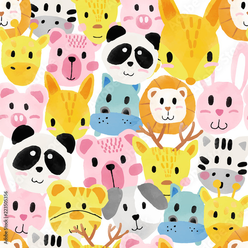 Fototapeta Naklejka Na Ścianę i Meble -  watercolor cute animal faces pattern seamless