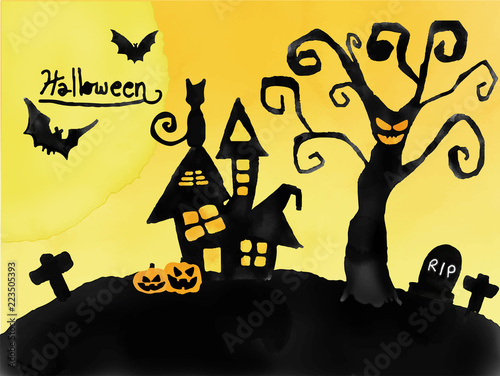 Halloween card, watercolor silhouette  haunted house and graveyard