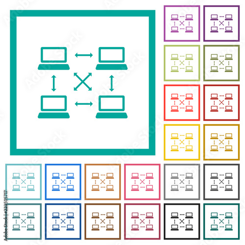 Content delivery network flat color icons with quadrant frames
