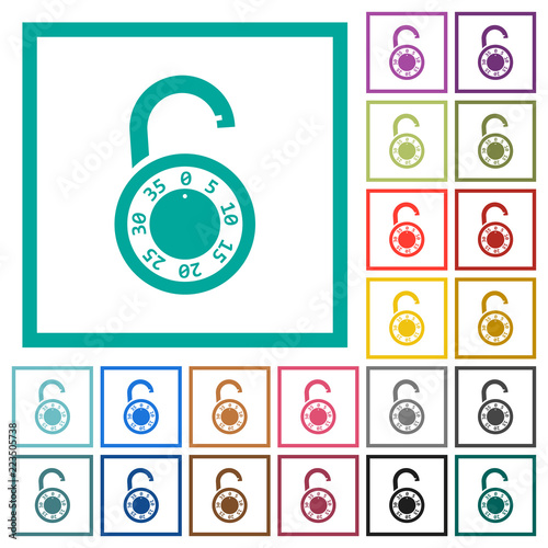 Unlocked round combination lock flat color icons with quadrant frames
