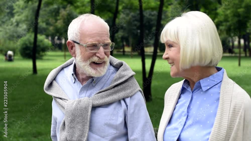 smiling senior couple walking and talking in park smiling senior couple walking and talking in park