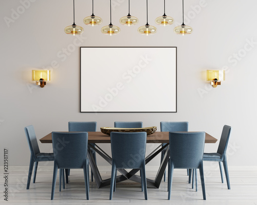 Fotografie, Obraz mockup poster in modern dining room with long table and eight chairs