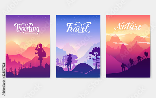 Tourist climb to the top of the mountain. Rest in the national Park with a tent and barbecue. limbers with equipment ascend to the peak. silhouette nature of morning and evening rays sun