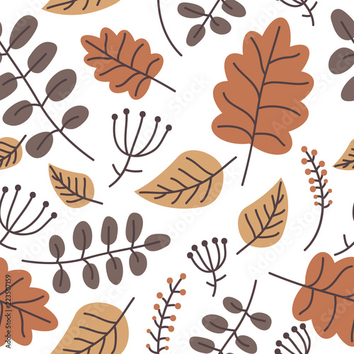 Seamless autumn pattern with leaves and berries. Pattern for textiles. Vector illustration. Falling leaves. Hugge