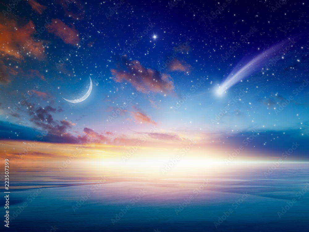Falling comet, rising crescent moon and stars - obrazy, fototapety, plakaty 