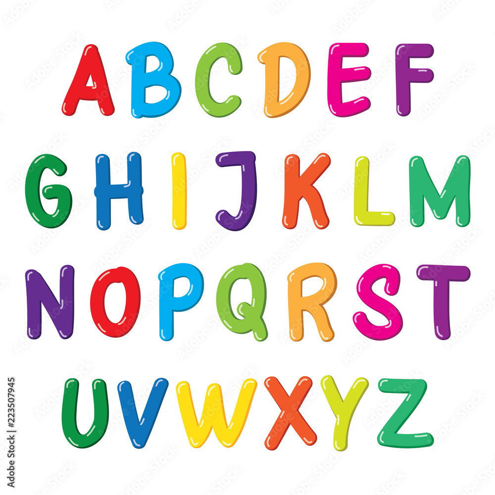 Naklejka premium Kolorowa czcionka dla dzieci. Krój pisma w stylu kreskówki. Ilustracja wektorowa liter alfabetu.