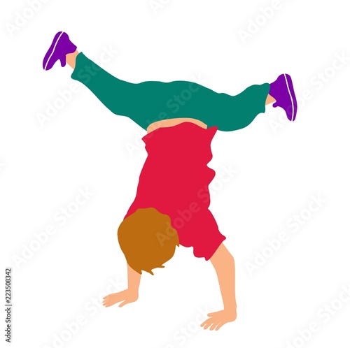 Boy upside down on his hands. Color flat vector illustration