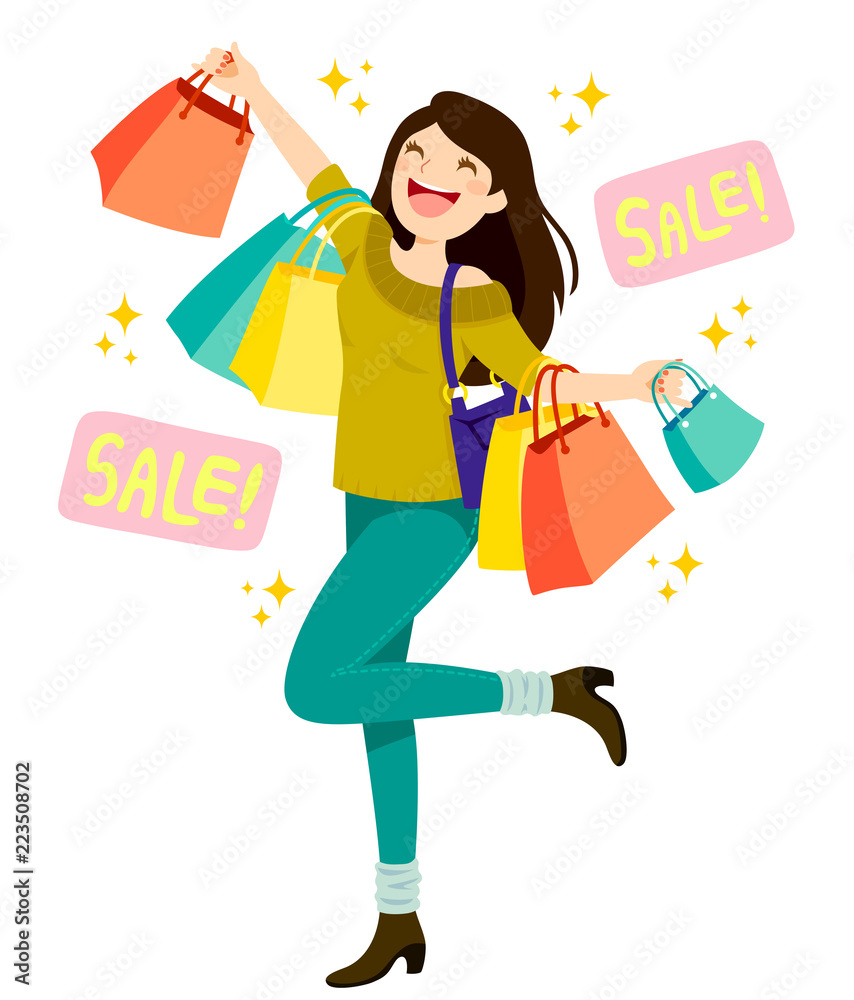 Happy young woman holding shopping bags and enjoying sales Happy young woman holding shopping bags and enjoying sales