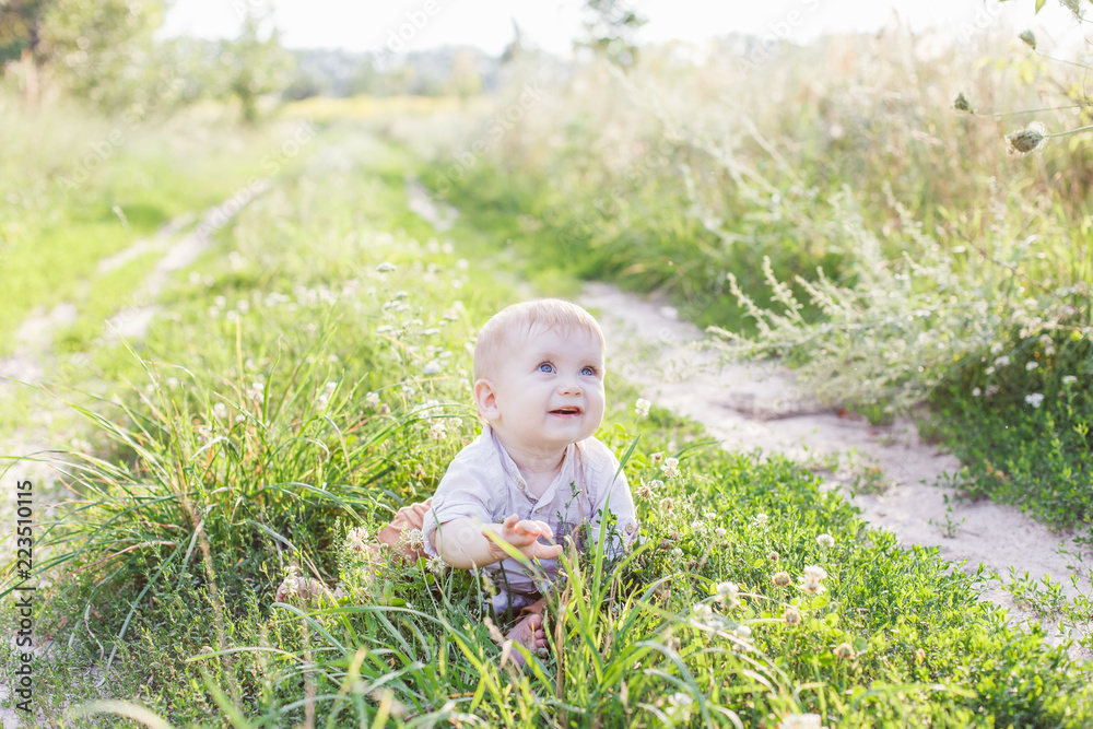 Portrait of cute little blonde boy sitting on the grass