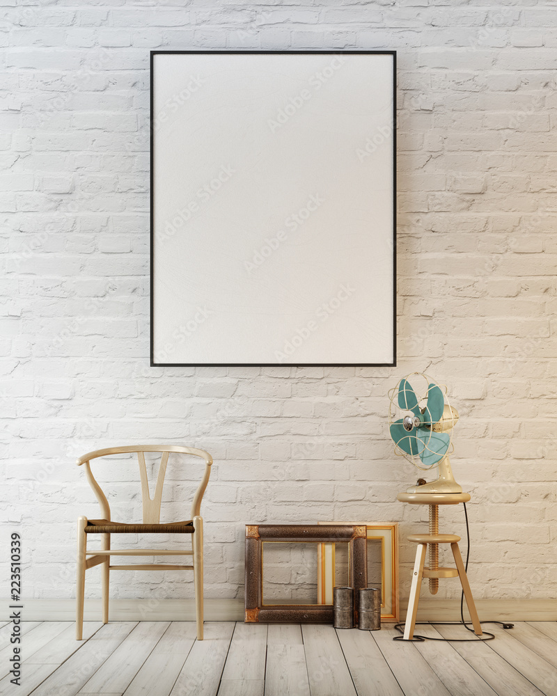 Mock up poster frame in white brick wall concept interior background with  chair and air fun. Stock Illustration | Adobe Stock