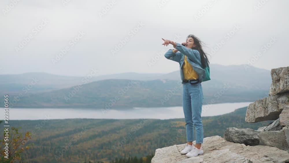 Young Girl Conversation Videochat Mobile Phone Friend Connection Mountains. Young Girl Conversation Videochat Mobile Phone Friend Connection Mountains.