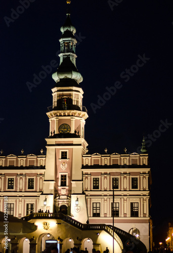 Town Hall, an old medieval building in the city of Zamosc in night. Idea for poster, postcard