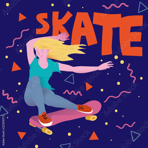 Beautyful girl with golden hair on pink skateboard.  Cool chick does a trick. Poster for sportsmen skateboarders with text 'Skate' on blue background. Vector illustration.