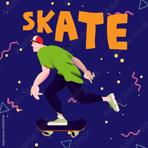 The skateboarder. Skateboarding cool guy. Poster for goods of skateboarders with text 'Skate' on blue background. Vector illustration.