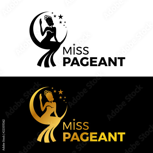 Miss lady pageant logo sign with Gold and black woman wear Crown sit on the moonn and star vector design photo