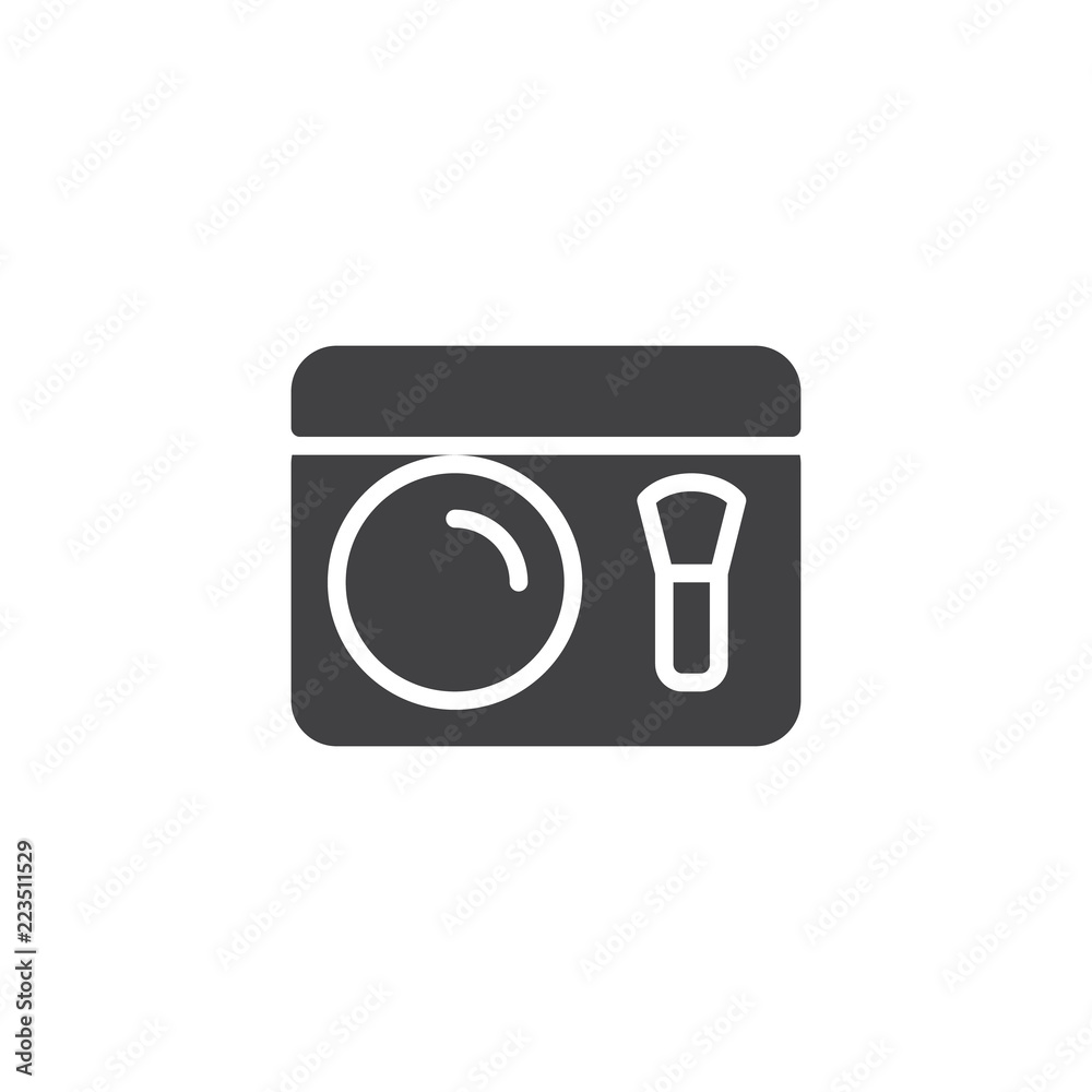 Make up powder palette and brush vector icon. filled flat sign for mobile concept and web design. Face cosmetics simple solid icon. Symbol, logo illustration. Pixel perfect vector graphics Make up powder palette and brush vector icon. filled flat sign for mobile concept and web design. Face cosmetics simple solid icon. Symbol, logo illustration. Pixel perfect vector graphics