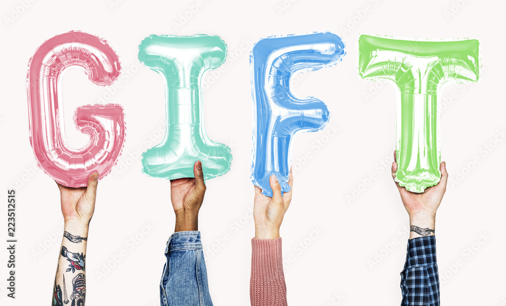 Hands showing gift balloons word