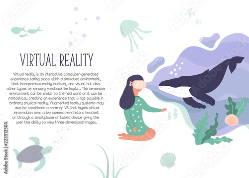 Excited girl in virtual reality. 3d nature feeling