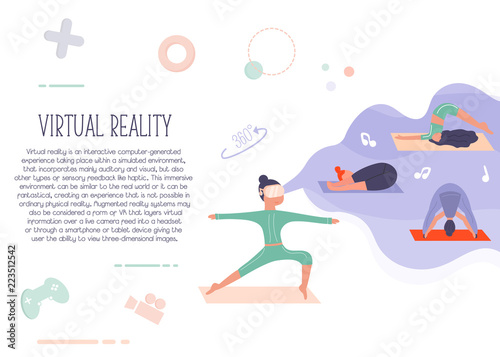 Excited girl in virtual reality doing yoga.