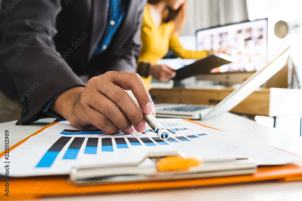 custom made wallpaper toronto digitalbusiness documents on office table with smart phone and digital tablet and graph business with social network diagram and two colleagues discussing data working in the office