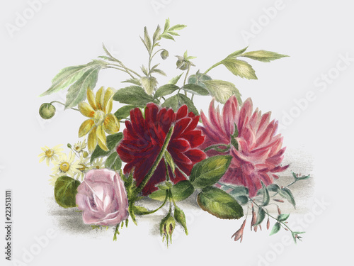 Colorful still life of flowers (1850), an arrangement of beautiful flowers. Digitally enhanced by rawpixel.