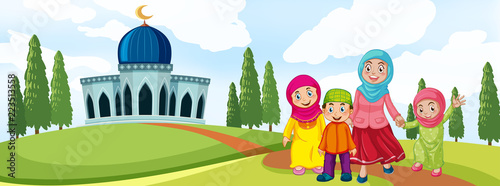 Muslim family in front of mosque
