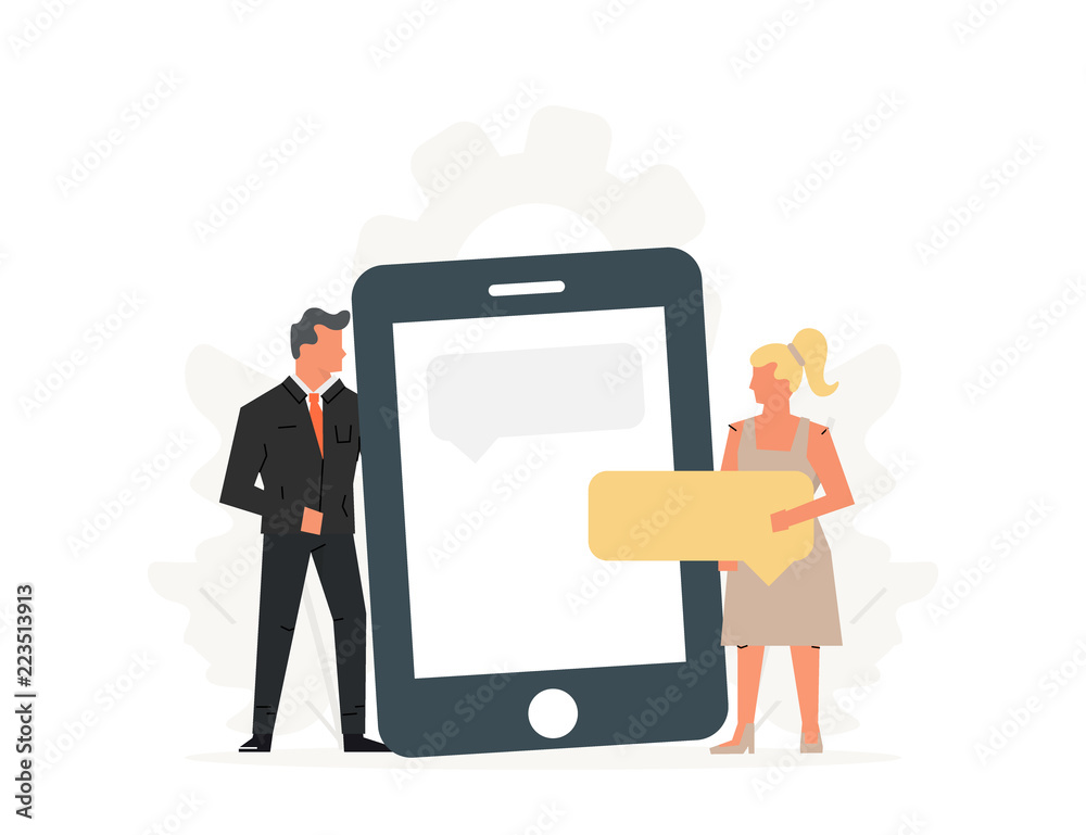 Fototapeta premium People hold a large phone. Concept of business meeting, virtual relationships, online dating, social networking and mobile chat.