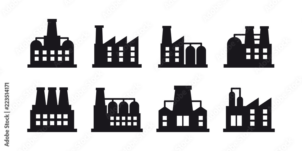Vector set of industrial building and factory symbol and sign. Factories and power plants icon on white background