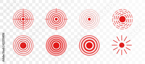 Vector set of red rings icon for medical design on transparent background. Pain circle to mark painful body parts.