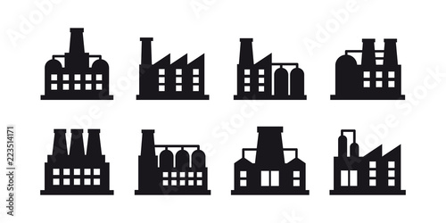 Vector set of industrial building and factory symbol and sign. Factories and power plants icon on white background