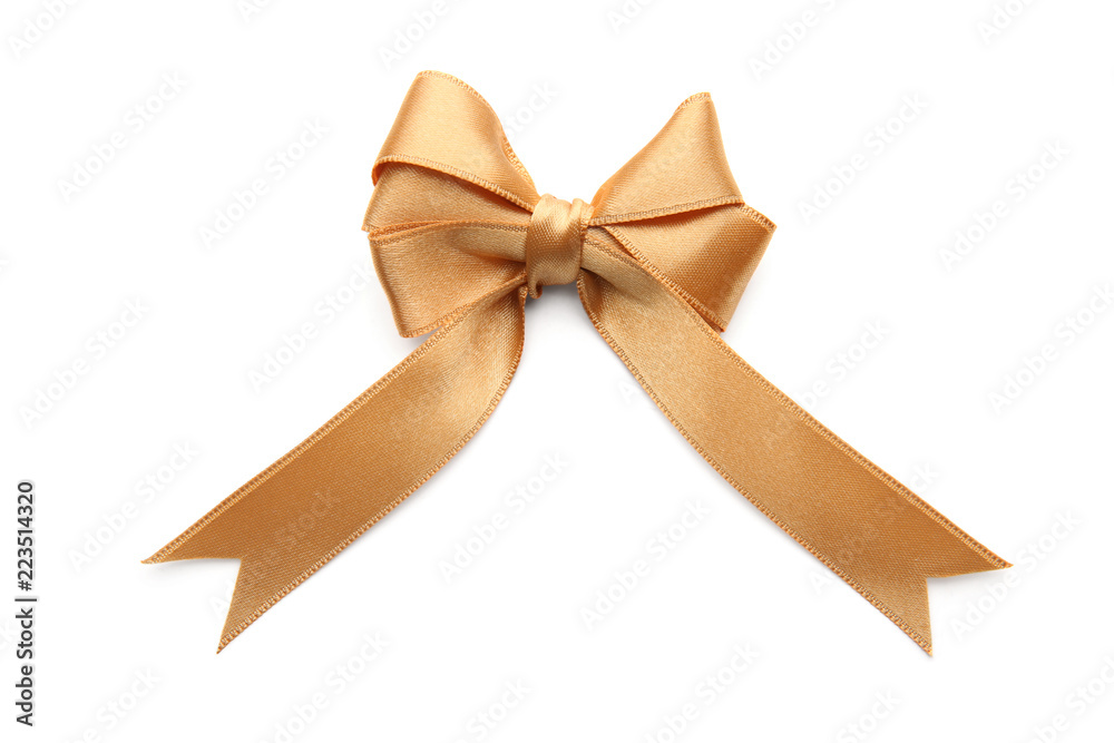 Beautiful bow made from golden ribbon on white background Beautiful bow made from golden ribbon on white background