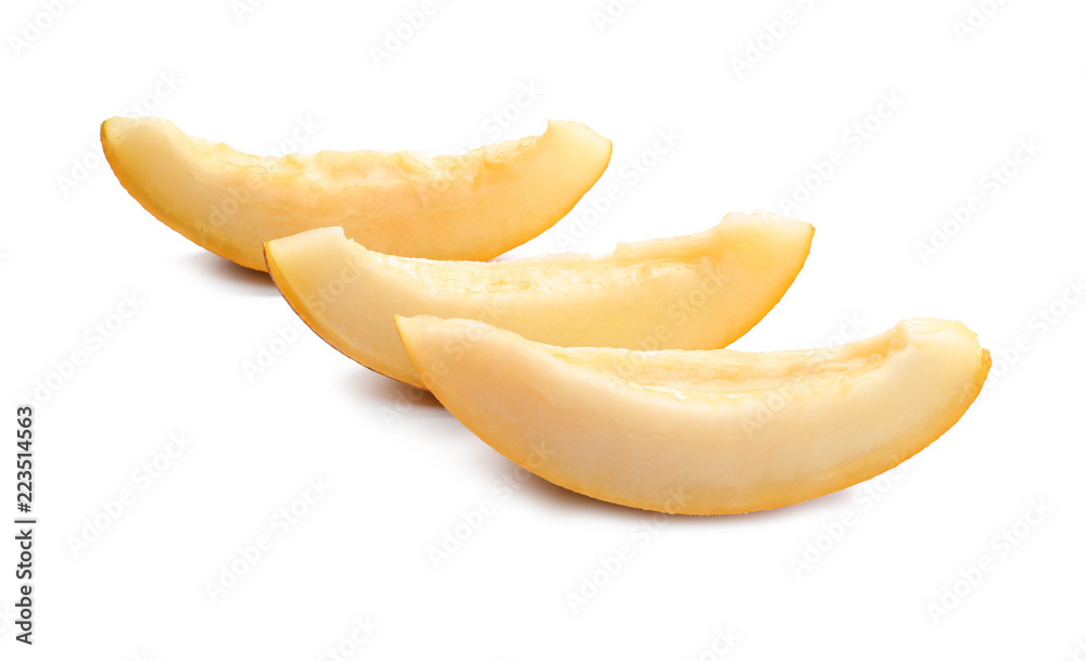 Slices of ripe melon on white background