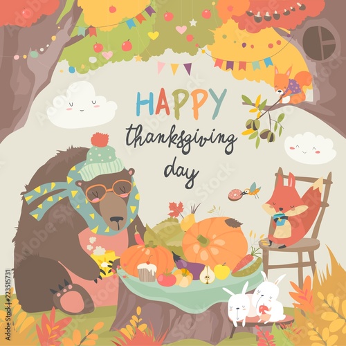 Cute animals celebrating Thanksgiving day in the forest