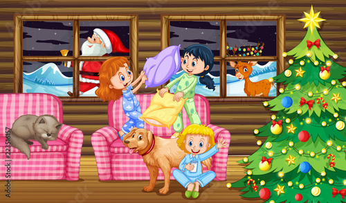 Children pillow fight at night
