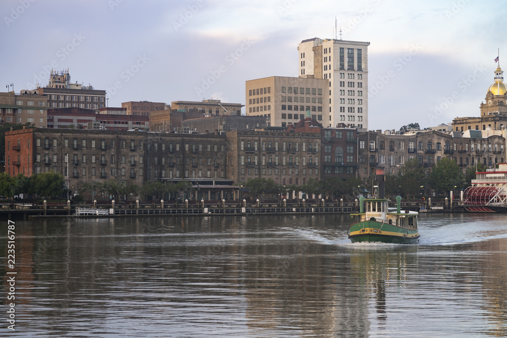 An Empty Ferry Boat Moves on Schedule Crossing the River in Savannah Georgia