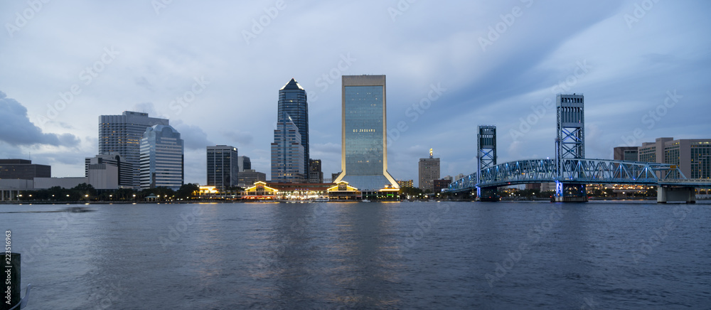 Blue Color Dominates this View of Downtown City Skyline Jacksonville Florida