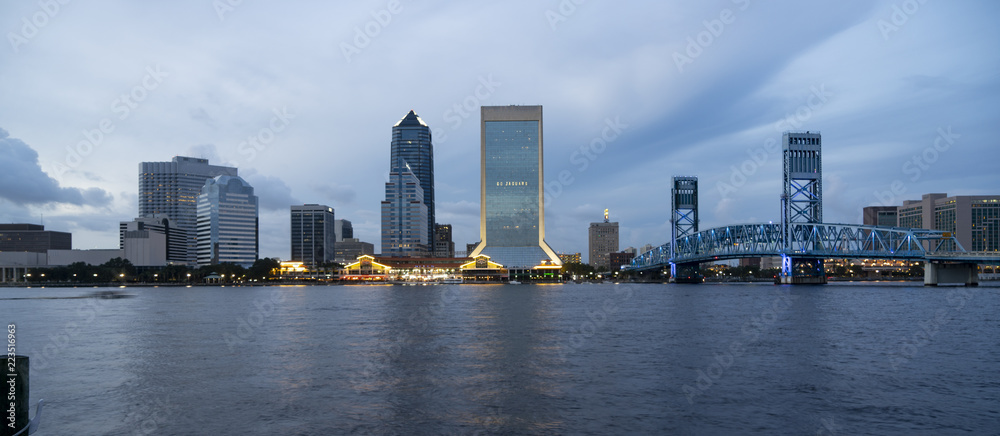 Blue Color Dominates this View of Downtown City Skyline Jacksonville Florida Blue Color Dominates this View of Downtown City Skyline Jacksonville Florida
